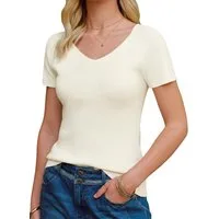Arach&Cloz Kurzarmshirt Damen Kurzarm Strickpullover V-Ausschnitt Leichtes Atmungsaktives Business Casual Oberteil