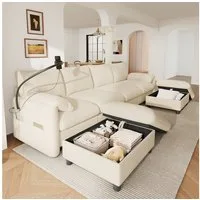 Merax Ecksofa mit USB & Type-C Ladeanschluss, modulares Sofa in U-/L-Form, Chenille, 273,5×133×81 cm 1 Teile, Sofa mit 2 Stauraum-Hockern, 360° Handyhalter & Kissen-Armlehnen