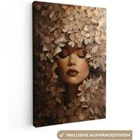 OneMillionCanvasses® Leinwandbild Gesicht - Dame - Blätter - Pinselstriche, Fotodruck (1 St), Leinwand Canvas Wandbild, Wanddekoration 20x30 cm