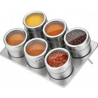 hausleben Gewürzbehälter Set aus Edelstahl Ø6x4,5 cm Gewürzdosen mit Metallplatte 15,5 cm, (6-tlg., magnetisch für Kühlschrank & Küche), mit Sichtfenster & Drehdeckel