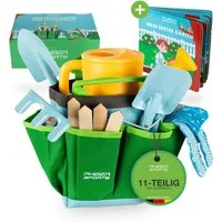 PHIBER-SPORTS Spielzeug-Gartenset PHIBER-SPORTS Kinder Gartenwerkzeug Set mit Kindergartenbuch, (Gartengeräte für Kinder ab 3 Jahre, auch für Sand und Strand, 11-tlg), Garten Werkzeug aus Metall, Gießkanne, Gartenhandschuhe, Tasche
