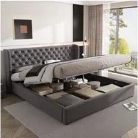 REDOM Polsterbett Doppelbett Bett Stauraumbett Jugendbett gepolsteres Bettgestell (Massivholz Untergestell mit Hydraulisch anhebbarer Bettstauraum, Samt Bezug Funktionsbett mIt Staufächer 180x200 cm Ohne Matratze), mit weichem Kopfteil Schaum-Polster