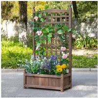 Outsunny Hochbeet Pflanzkasten mit Rankgitter, Rankkasten (Blumenkasten, 1 St., Blumenständer), für Garten, Balkon, Dunkelbraun