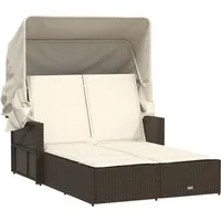 vidaXL Gartenliege Doppel-Sonnenliege mit Dach und Auflagen Braun Poly Rattan, 1 St.