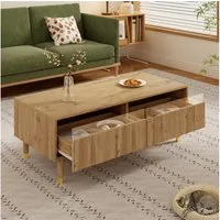 STILVORA Sideboard mit LED-Beleuchtung,Sofatisch Kaffeetisch mit Acrylschubladen,Natur (Beistelltisch, Sofatisch, 1 St., gold-holzfarbene Beine), mit gewellte Schubladenplatte
