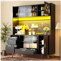 Flieks Küchenbuffet mit LED-Beleuchtung, Lochwand, Glas-Schiebetüren & Magnettür (Hochschrank mit Arbeitsplatte, 1-St., 140x40x180 cm) Küchenschrank mit Schubladen & verstellbarer Einlegeböden Schwarz