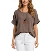dy_mode Kurzarmbluse Damen Kurzarm Bluse Leichte Sommer Tunika Baumwollbluse Oberteil in Unifarbe, mit passende Kette