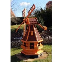 Holzdekoladen Deko-Windrad XL Gartenwindmühle aus Holz mit Solarbeleuchtung & Dachgauben