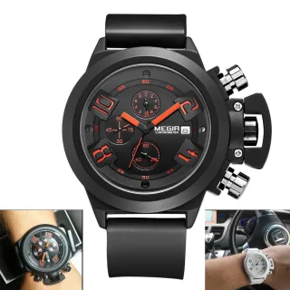 MEGIR Men Multi-functional Watch Sports Chronograph Wristwatch Waterproof Calendar Quartz Watch Comfortable Silicone Str