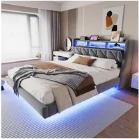 Merax Polsterbett mit LED-Beleuchtung inkl.App (Stauraumbett Mehrzweckbett, 1-tlg., schwebendes Design), Doppelbett 180x200cm mit umklappbarem Kopfteil & Ablagefach, Samtbezug
