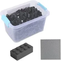 Katara Bausteine Box-Set mit 520 Steinen + Platte + Box Konstruktionsspielsteine, (3er Set), Dunkel Grau, 100% Kompatibel Sluban, Papimax, Q-Bricks, LEGO®