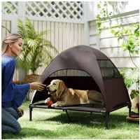 PawHut Tierbett mit Dach, waschbares Mesh Metallrahmen, Tragtasche, Polyester, Für große Hunde, für Draußen Camping 91x76x90cm, Kaffee