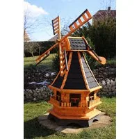 Holzdekoladen Deko-Windrad XL Gartenwindmühle aus Holz mit Solarbeleuchtung & Dachgauben