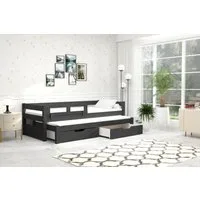 thematys Kinderbett mit Rausfallschutz und Ausziehbett und 2 Schubladen für Kinder (in 90x200cm + INKLUSIVE 2 Schaumstoffmatratzen, für Jungen und Mädchen, mit abnehmbaren Rausfallschutz), Kinderbett aus Kiefernholz
