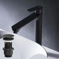 AM.PM Badarmatur Bad Armatur HIT Waschtischarmatur L-Größe mit Klick-Ablaufgarnitur (Waschbeckenarmatur Waschtischarmatur Mischarmatur Mischbatterie, Wasserhahn mit extra hohem Auslauf, Farbe: Schwarz) Einhebelmischer für warmes und kaltes Wasser