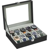 SONGMICS Uhrenbox Uhrenkasten, herausnehmbare Uhrenkissen, Geschenkidee,25,5x20,2x7,8 cm, mit 10 Fächern, Glasdeckel, Uhrenkoffer, Samtfutter in Grüngrau