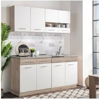 Homestyle4u Küchenzeile 160 cm ohne Geräte klein Einbauküche Singleküche Weiß matt Eiche Glas, (Oberschränke, Unterschränke, Arbeitsplatte), Küchenblock, Weiß/Creme und Braun
