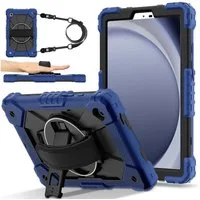 Wigento Tablet-Hülle Für Samsung Galaxy Tab A11 Hybrid Hülle mit Halter & Schultergurt Blau, Hybrid Schutzhülle Smart Case Cover mit Schultergurt