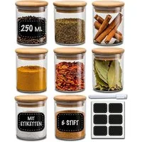 Praknu Vorratsglas Gewürzbehälter 8er Set 250ml mit Etiketten und Stift zum Beschriften, Glas, (Set, 8-tlg), mit 8 Etiketten - 250ml Groß - Luftdicht - Spülmaschinenfest