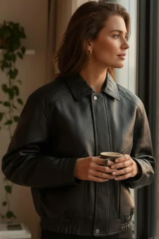 Damen Schwarze Leder-Biker Blouson Bomber Oversized Jacke – Moon