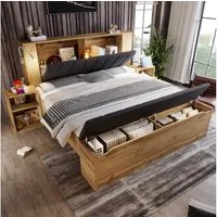 Flieks Holzbett, Doppelbett 180x200cm Stauraumkopfteil Leselicht USB Nachttisch Hocker