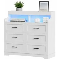 zebery Kommode mit 6 Schubladen Sideboard mit LED Beleuchtung (Schrank aus Holz,2 Steckdosen und USB-Anschlüsse), Schubladen mit Auszugsschienen,mit offenem Stauraum,Weiß