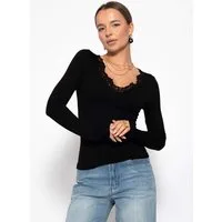 SASSYCLASSY Langarmshirt Langarmshirt mit Spitzenausschnitt für Damen Feminines Top mit tiefem Rundhals und extra langen Ärmeln