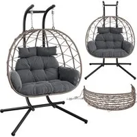 STEELSØN Hängesessel Alarian höhenverstellbar und faltbar (grau-meliert/schwarz, 2-Sitzer inkl. Sitzkissen, bis 220 kg belastbar), mit XXL Korbsitz für indoor & outdoor, aus Polyrattan