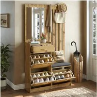 BBWL Kompaktgarderobe mit Spiegel und Sitzbank, Schuhschrank mit LED-Beleuchtung, Haken Flurgarderobe mit Stauraum, Schwarz MDF