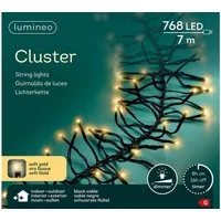 Lumineo LED-Lichterkette Lumineo Lichterkette CLUSTER 768 LED 7 m Soft Gold, schwarzes Kabel, Indoor/Outdoor, dimmbar, 8h-Timer, + 5 m Zuleitung
