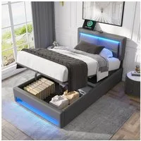 Flieks Polsterbett, LED Einzelbett 90x200cm mit USB-Anschluss und hydraulischem Stauraum