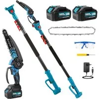 Bundviel Akku-Kettensäge 2 in 1 Teleskop Astsäge Bürstenlose Akku-Hochentaster Baumsäge, 8 zoll Elektro-Kettensäge, mit 2× 4000mAh Akku