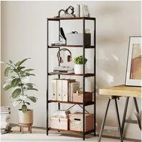 HOMCOM Bücherregal Standregal mit 5 Ebenen, 4 offenen Fächern, Metallrahmen, Standregal mit 5 Ebenen 1-tlg., für Wohnzimmer, Büro, Arbeitszimmer, 79x35x161cm, Rustikal-Braun