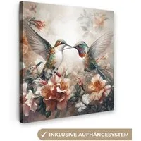 OneMillionCanvasses® Leinwandbild Kolibri - Vögel - Blumen - Natur, Fotodruck (1 St), Wandbild, Deko Schlafzimmer Wohnzimmer Flur 20x20 cm