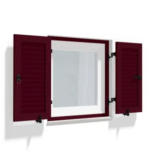 Fensterläden Rot, Klappläden mit Montagerahmen Lamellen Hamburg, Purpurrot RAL 3004, 800 x 800 mm, 2-flügelig mit Schlagleiste, individuell nach Maß