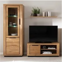 Lomadox Wohnwand GIUSTINO-06, (3-St., Vitrine Wandboard Lowboard), Eiche teilmassiv geölt, Massivholzfronten, LED-Beleuchtung