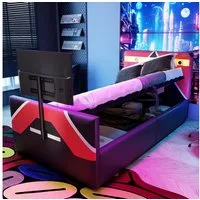 Merax Polsterbett 90x200cm im E-Sport-Stil mit LED-Beleuchtung (Jugendbett Einzelbett, 1-tlg., Funktionsbett), Kinderbett mit hydraulischem Stauraum und TV-Halterung, Kunstleder