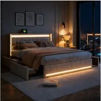 Gdood Polsterbett Stauraumbett Doppelbett LED (1-tlg., 4 Schubladen, USB + Type-C), Mit LED-Beleuchtung, Ladeanschluss, Leinen, 140x200 cm
