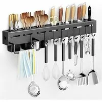 FANNOU Küchenorganizer-Set Wandmontiertes Küchenutensilien Organizer Rack mit 10 Haken, Selbstklebende Küchenhakenleiste ohne Bohren für Kochzubehör