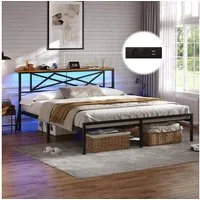 MSMASK Metallbett mit LED-Beleuchtung, Steckdose und 2 USB-Anschlüssen (Ohne Matratze), Bettgestell 160 x 200 cm in Braun mit Metall-Lattenrost