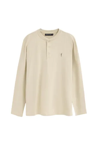 T-Shirt beige mit Henley-Ausschnitt und gesticktem Rigby Go-Logo