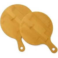 hausleben Pizzateller Bambus Pizzateller für Pizza, Flammkuchen und Antipasti, (2 St), 25,5 cm mit Griff, rundes Pizzabrett Schneidebrett Servierbrett