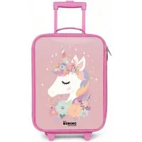 NoBoringSuitcases.com© Kinderkoffer Rosa - mit leuchtende Räder - Einhorn - Rosa - Blumen, 2 Rollen, Handgepäck-Koffer, Kinderkoffer, Reisekoffer Mädchen