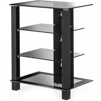 FITUEYES TV-Regal 4‑stöckiges HIFI-Rack mit höhenverstellbaren Ablagen, gehärtetes Glas, rutschfeste Füße, Kabelmanagement