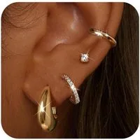 LuxusKollektion Ohrring-Set 4 Paar Damen Ohrringe Set Silber Gold Creolen Ohrstecker 14K Vergoldet