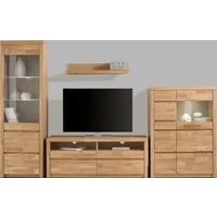 OTTO home Wohnwand Silkeborg: 4-teilig, Breite: 290cm, Griffmulden, Fronten Massivholz, (Set, 4-St., Set besteht aus 1 Vitrine, 1 Lowboard, 1 Wandregal und 1 Highboard), Set besteht aus 1 Vitrine, 1 Lowboard, 1 Wandregal und 1 Highboard