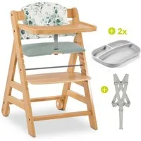 Hauck Hochstuhl Alpha Move - Natur, Holz Babystuhl ab 6 Monaten mit Rollen, Essbrett, Sitzkissen & Teller
