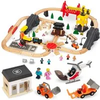 Mamabrum Spielzeug-Eisenbahn Holzeisenbahn-Set mit Flughafen, Kran und elektrischer Lokomotive