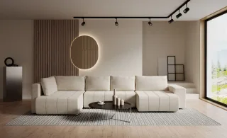 Wohnlandschaft Schlafsofa ARMANDA in Stoff Blur Creme langer Schenkel Links