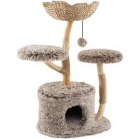 COSTWAY Kratzbaum, Katzenbaum mit Plüschsitz, Katzenhöhle, Massivholz, 105cm hoch